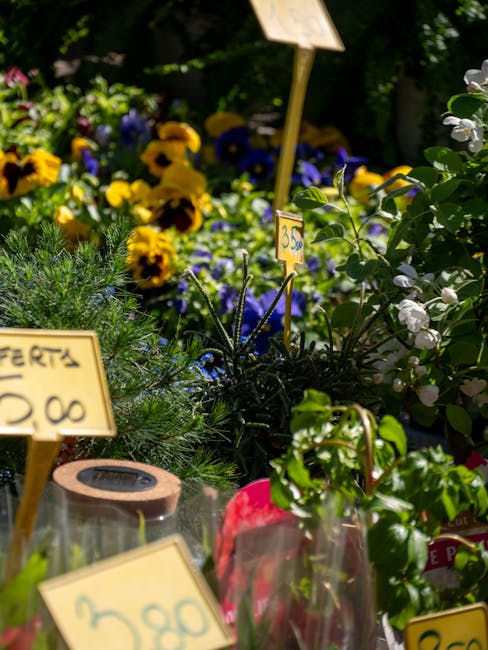 A vibrant display of fresh flowers including bright yellow pansies, purple and blue violas, and white flowering branches arranged together in a floral shop setting. The bouquet features a variety of t