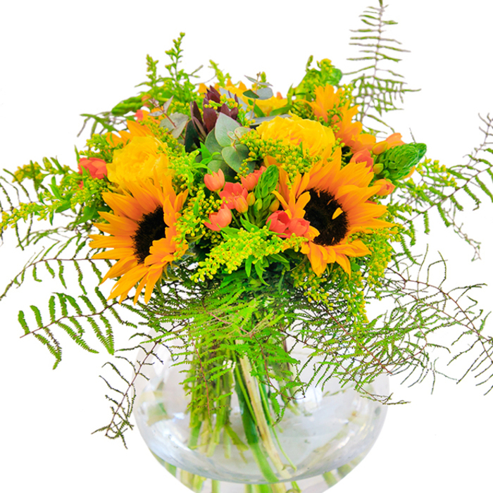 The exuberant energy of this bouquet brings a touch of Radlett's countryside into any home. Sunflowers with deep, cocoa-brown centers and vivid golden petals stand as beacons of light and optimism, their cheerful faces brightening the arrangement from within a pristine, round glass vase. Between these iconic blooms, sumptuous yellow roses unfurl in graceful spirals, adding classic refinement that complements the sunflowers' rustic vitality. Glossy clusters of red Hypericum berries create lively focal points amid the soft greens, their jewel-like sheen offering festive dimension. The composition is richly textured with cascading fern fronds, light green sprigs-possibly solidago adorned with yellow stars-and slender, upright shoots, all boosting the bouquet's density and flow. Overtones of bluish eucalyptus impart a cool, aromatic freshness, evoking open airs along the paths near Radlett Cricket Club. Each submerged stem is visible through the crystal-clear vase, its clean lines emphasizing the bouquet's structure and the artistry of hand-tied florals. Suitable for special moments from milestone birthdays to anniversary dinners along Shenley Hill, this arrangement brings not only beauty but also the story of Radlett's landscape and community into focus.