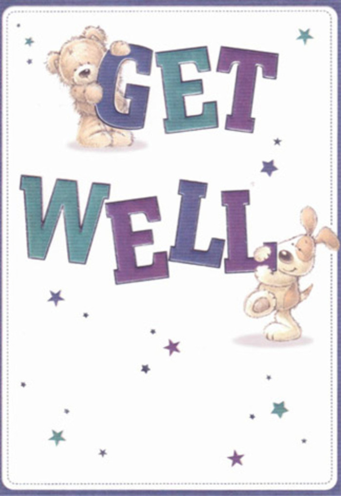 An endearing get well card illustration captures the same tender care that goes into arranging a comforting bouquet for delivery around Radlett. At the centre, the phrase GET WELL dominates the scene in big, bold lettering, painted in a rich harmony of indigo, teal, and cool aqua tones. Each letter is softly shaded, with gentle highlights that make the words feel almost sculpted, as though they're solid shapes a child might stack and play with. Perched on top of the word GET is a fuzzy teddy bear, its rounded body shaded in warm honey and caramel hues. The artist has suggested the texture of plush fur with small, feathery lines, giving the bear an inviting, cuddle-worthy look. Its paws curl over the letters, while its face-complete with a sweet, slightly tilted smile-radiates reassurance and uncomplicated affection. Anchoring the bottom of the composition, a floppy-eared puppy presses cheerfully against the word WELL. Its ears hang in soft curves, and a few expressive strokes convey the wag of its tail, as though the pup can barely contain its excitement at sending good wishes. The fur is painted in warm browns and creams that harmonise gently with the teddy's hues. Surrounding the characters and text, small starbursts scatter across the cream-white background, rendered in shades of deep purple, sky blue, and turquoise. They dance lightly around the scene, like little sparks of hope drifting through the quiet streets near Radlett station on a clear evening. The minimal, airy background keeps the focus firmly on the message and its playful messengers, suggesting cleanliness, calm, and space to heal. The overall mood is warm, innocent, and uplifting-perfect for accompanying a get well bouquet to someone resting at home or in a nearby care facility.