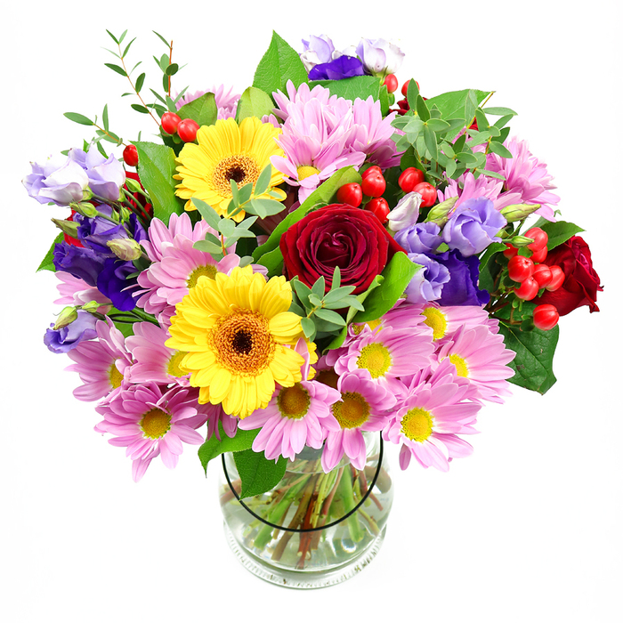 A full, dome-shaped bouquet of mixed fresh flowers rises from a clear glass vase, placed before a pure white background that emphasises its lively colours. At its centre, velvety deep red roses open in layered spirals, creating a focal point of romance and depth that would complement any Radlett dining table, from apartments near the station to larger homes off Shenley Hill. On either side of these roses, two sunny yellow gerbera daisies face outward, their broad, smooth petals radiating around dark brown-orange centres that add contrast and a sense of playful brightness. Encircling the central blooms, generous sprays of soft pink daisies and chrysanthemums form a cushion of pastel colour, with slender petals and tiny yellow centres producing a gentle, almost feathery effect. Threaded through this softness, elegant lisianthus in purple and lavender tones contribute cool, bell-shaped blossoms with subtly ruffled edges, introducing visual depth and a refined, slightly whimsical character. Nestled among the petals, small clusters of round red hypericum berries punctuate the arrangement, their glossy skins catching subtle highlights and giving the bouquet a modern twist. Surrounding all of this, a range of green foliage-broad, deep-toned leaves along with lighter, more delicate sprigs-supports and frames the flowers, creating a lush, natural silhouette that feels freshly gathered from the Hertfordshire countryside. The glass vase itself reveals the straight, neatly trimmed stems and clear water, conveying a sense of cleanliness, freshness, and professional care from local Radlett florists. The overall mood is joyful and welcoming, making this arrangement ideal for birthdays, thank-you sentiments, new baby celebrations, or simply adding a vibrant, heartfelt touch to everyday life in and around Radlett.