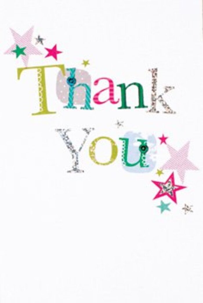 The arrangement of letters on this thank you card imparts an easy sophistication, echoing the modern elegance often seen in Radlett's homes and events. Each character is given its own personality-some whimsical and round, others slender and poised-brought alive by an array of dazzling hues from bright pink to silvery blue, all grounded in delicate patterns of dots and stitches. Gathering near the script, radiant stars filled with streaks of pink and waves of turquoise shimmer, as though blessing the sentiment with sparkles of joy. There's movement throughout the piece-an airy composition with a scattering of visual magic, the crisp white background lending clarity as if lit by Radlett's soft afternoon sunlight. Understated and refined, this design balances festivity with calm, making it an ideal expression of thanks for any setting, from a neighbour's garden party to a thoughtful gesture after a school event at Newberries Primary. Paired with a florist's best blooms, this card would bring appreciation alive, blending Radlett's community warmth with modern style for an unforgettable moment of gratitude.