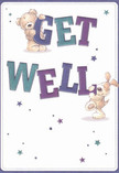 An illustrated get well card with a soft cream background shows a cuddly teddy bear and a floppy-eared puppy working together to lift someone's spirits, much like a thoughtfully chosen bouquet delivered across Radlett. The bear, drawn with plush, golden-brown fur and rounded paws, leans over the large word GET, its arms draped affectionately around the bold letters as if giving them a hug. Below, the bouncy little puppy, with velvety ears and a wagging tail suggested by a curved brushstroke, props itself against the word WELL, its nose gently nudging the final letter as though urging recovery along. The lettering itself is big and friendly, shaded in rich indigo, teal, and soft aqua, with subtle gradients that give each letter a hand-painted, almost three-dimensional feel. Scattered around the characters and text are twinkling star shapes in tones of deep purple, blue, and turquoise, like tiny bursts of hope drifting through the air on a quiet evening walk near Radlett's Watling Street. Their crisp edges and varied sizes add movement and playfulness without cluttering the calm, spacious layout. The white-cream backdrop suggests cleanliness and fresh air, echoing the sense of a tidy, restful room where someone is slowly getting better. You can almost feel the soft textures-the bear's fluff, the puppy's fur, the smooth painted letters-just as clearly as the cool petals and fresh greenery in a get well bouquet. The mood is gentle, innocent, and reassuring, the kind of comforting visual message you might send alongside fresh flowers to a friend recovering at home or in hospital nearby, to remind them they're loved and not alone in their healing.