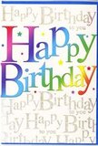 Laid open on a table, this birthday card immediately conveys joy, like the first glimpse of a decorated party room in Radlett just before guests arrive. The greeting Happy Birthday is splashed boldly across the front in large, exuberant letters, each one in its own vivid shade. The colours travel smoothly from rich red and tangerine orange to sunny yellow, leafy green, aqua, and deep blue, merging softly at their edges to create a harmonious rainbow effect. The letters sit proudly against a pale, creamy background, their slightly glossy finish catching the light from a nearby window and giving them a gently polished sheen. Behind the headline message, the rest of the card is softly animated with a repeating, cursive script that reads Happy Birthday to you over and over in fine, golden lines. The handwriting-style font is delicate and flowing, almost like intertwined ribbons, and the metallic ink glints subtly when the card is tilted-reminiscent of fairy lights strung along a Radlett garden fence at dusk. This combination of bold colour and refined golden detail strikes a thoughtful balance: it feels cheerful without being childish, elegant without being stiff. Whether it's propped up on a mantelpiece overlooking Radlett Park or placed beside a vase of freshly delivered birthday blooms, the card's design carries a sense of warmth, celebration, and affection. It's the kind of card that doesn't simply say Happy Birthday, but visually wraps the recipient in a feeling of being truly celebrated.