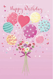 A whimsical birthday scene unfolds on a blush-pink canvas, where balloons and blossoms appear to float together like a joyful cloud drifting above Radlett. The eye is drawn first to the cluster of pastel balloons rising from the centre: round and heart-shaped forms in ivory, blush pink, lavender, lemon, and soft sea green. Each balloon is decorated with its own playful pattern-candy-coloured stripes spiralling upwards, scattered polka dots, curling swirls, and tiny floral motifs-so that no two appear exactly alike. Beneath this bright parade, a bouquet of roses and anemone-like flowers is gathered at the base, their petals soft and feathery, shaded in creamy ivory, dusky blush, and gentle mauve tones that echo the colours above. The stems are neatly tied with a violet satin bow, whose sheen suggests it has just been tightened by a careful hand in a Radlett flower studio preparing birthday deliveries for the local community. Around the balloons and bouquet, delicate stars and butterfly illustrations seem to hover, giving the image a light, fairy-tale quality, as if confetti is forever suspended in mid-air. The whole composition feels airy, sweet, and celebratory, like stepping into a birthday moment where everything-from the choice of pastel shades to the tidy bow-has been thoughtfully chosen to make someone in Radlett feel seen, loved, and joyfully celebrated.