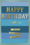 In this image, a refined birthday card stands as the focal point, its front decorated with wide, even stripes of blue that move from a dark, inky navy into softer mid-tones and finally into a pale, airy sky shade at the centre. The effect is reminiscent of the shifting light above Radlett on a clear day, calm and inviting. Across this tranquil backdrop, the words HAPPY BIRTHDAY are embossed in striking gold capitals, forming a confident arch through the middle of the design. The gold has a smooth, satin-like sheen, bright enough to feel festive yet restrained enough to maintain an air of classic elegance. Just below the greeting, a fine golden flourish curls outward in balanced loops, separating the main message from the sentiment that follows. Beneath this flourish, three slim gold banners are neatly arranged from top to bottom, each banner lightly raised and carrying its share of the warm birthday wish: Relax, have a great day and enjoy! The metallic banners seem to glow gently against the cooler stripes, creating a measured rhythm for the eyes to follow. A delicate gold line frames the entire card, giving a sense of order and completion, like a well-chosen frame around a favourite artwork. The overall impression is one of calm celebration and thoughtful care. One can imagine this card accompanying a fresh bouquet delivered locally in Radlett, perhaps resting on a hall table near Watling Street, ready to greet the birthday recipient with a quiet but unmistakably warm invitation to take the day slowly and enjoy every small moment.